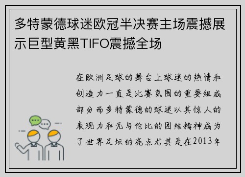 多特蒙德球迷欧冠半决赛主场震撼展示巨型黄黑TIFO震撼全场